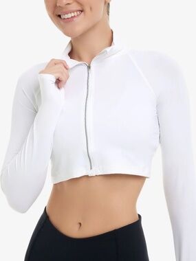 BloqUV Women's Full Zip Crop Top Sun Shirt, White - size XS 🌟
